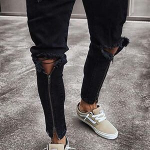 Men Black Zipper Front Ripped Casual Slim Jeans