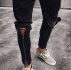 Men Black Zipper Front Ripped Casual Slim Jeans