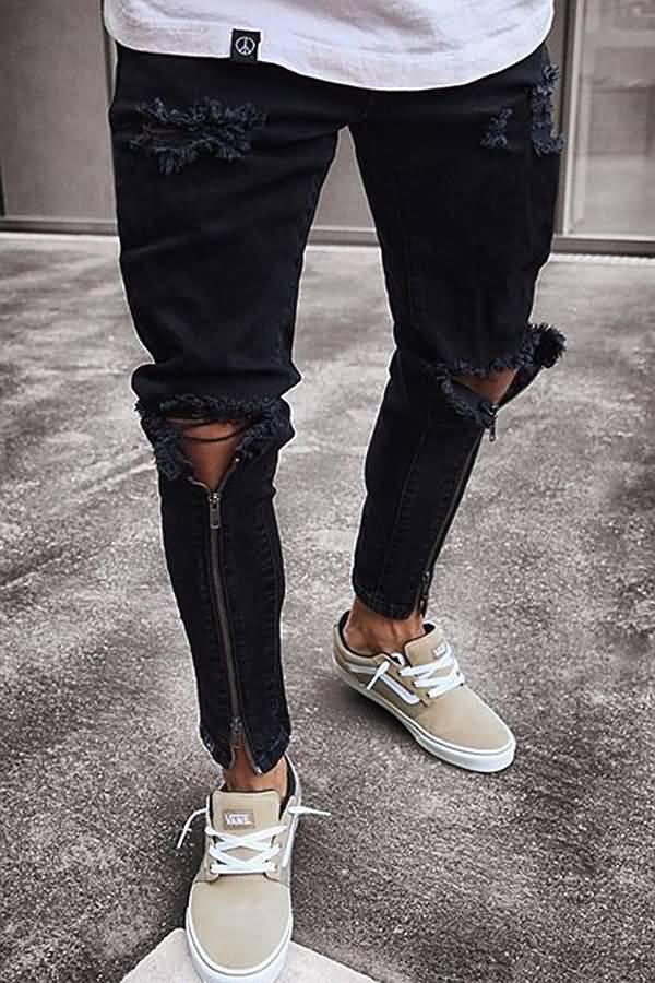 Men Black Zipper Front Ripped Casual Slim Jeans