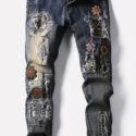 Men Blue Embroidery Ripped Casual Jeans