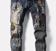 Men Blue Embroidery Ripped Casual Jeans