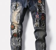 Men Blue Embroidery Ripped Casual Jeans