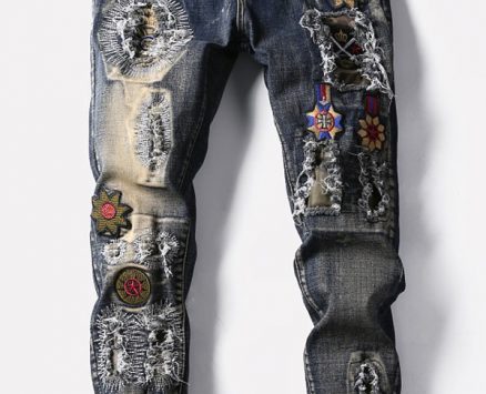 Men Blue Embroidery Ripped Casual Jeans