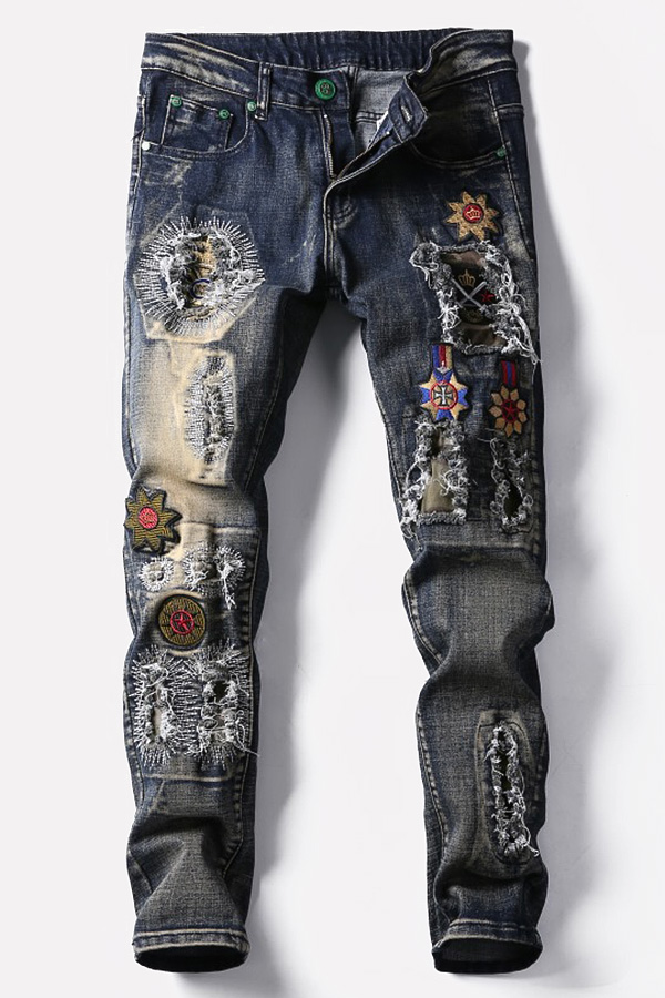 Men Blue Embroidery Ripped Casual Jeans