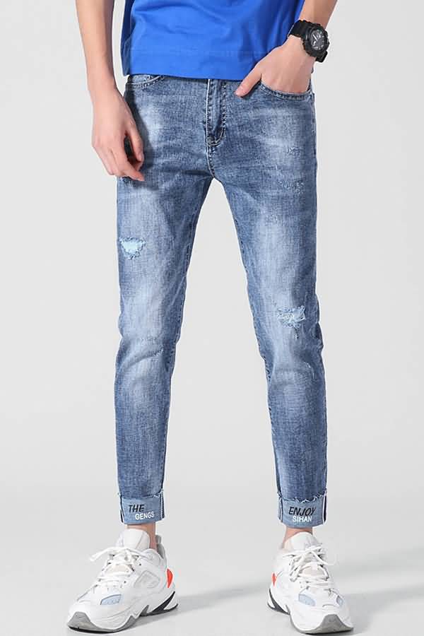 Men Blue Letters Print Ripped Casual Jeans