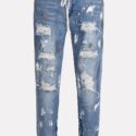 Men Blue Printed Ripped Zipper Side Casual Jeans