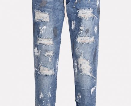 Men Blue Printed Ripped Zipper Side Casual Jeans