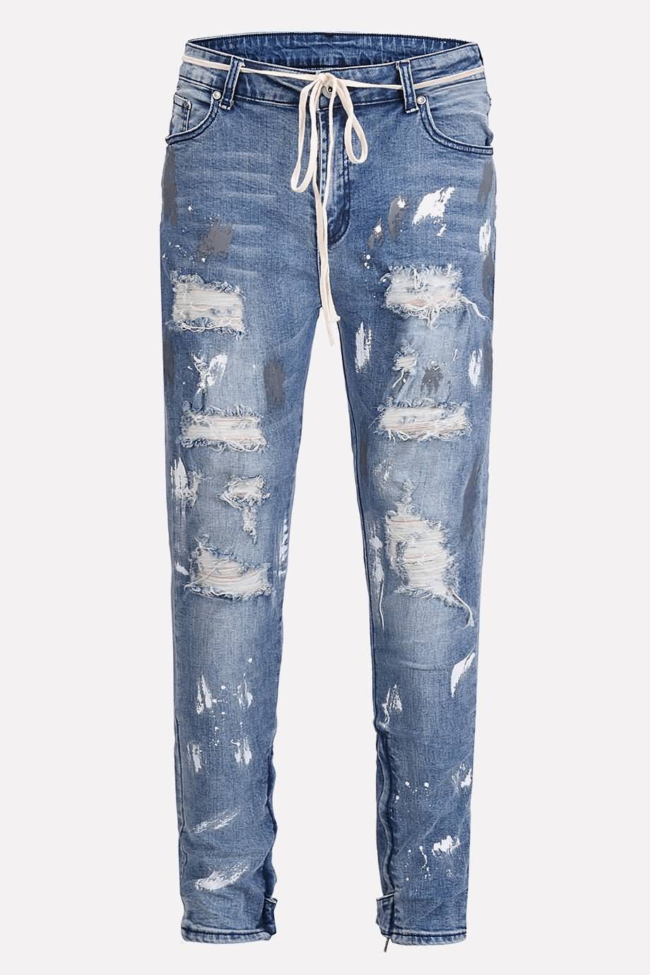 Men Blue Printed Ripped Zipper Side Casual Jeans