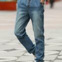 Men Blue Ripped Drawstring Pocket Casual Jeans