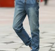 Men Blue Ripped Drawstring Pocket Casual Jeans