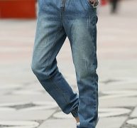 Men Blue Ripped Drawstring Pocket Casual Jeans