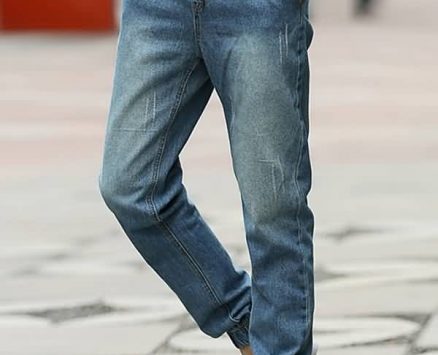 Men Blue Ripped Drawstring Pocket Casual Jeans