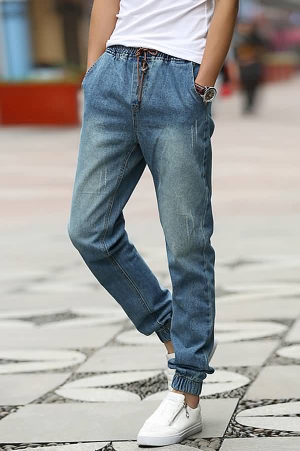 Men Blue Ripped Drawstring Pocket Casual Jeans