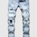 Men Light-blue Ripped Zipper Side Casual Slim Jeans