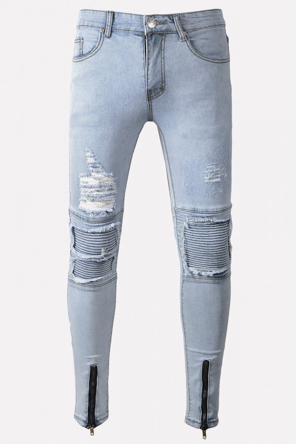 Men Light-blue Ruched Ripped Zipper Front Casual Slim Jeans