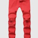 Men Red Button Up Frayed Zipper Pocket Mid Waist Casual Plus Size Jeans