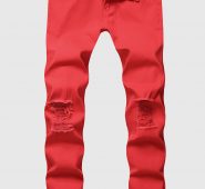 Men Red Button Up Frayed Zipper Pocket Mid Waist Casual Plus Size Jeans