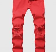 Men Red Button Up Frayed Zipper Pocket Mid Waist Casual Plus Size Jeans