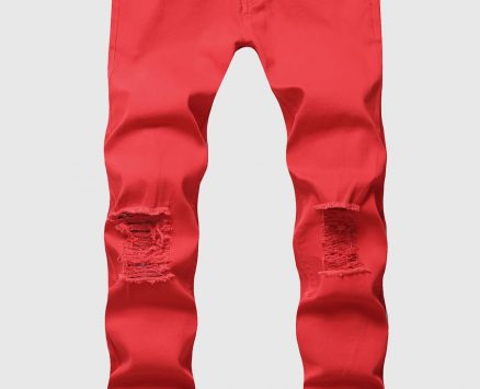 Men Red Button Up Frayed Zipper Pocket Mid Waist Casual Plus Size Jeans