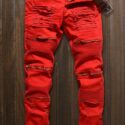 Men Red Zipper Decor Ruched Casual Slim Jeans