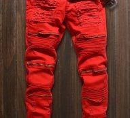 Men Red Zipper Decor Ruched Casual Slim Jeans