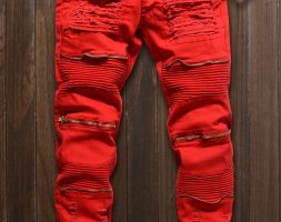Men Red Zipper Decor Ruched Casual Slim Jeans