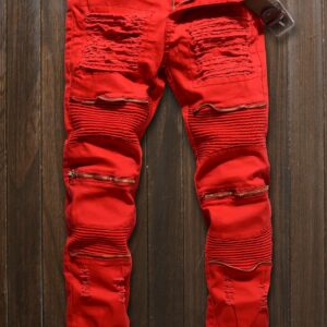 Men Red Zipper Decor Ruched Casual Slim Jeans