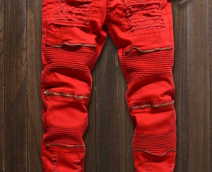 Men Red Zipper Decor Ruched Casual Slim Jeans