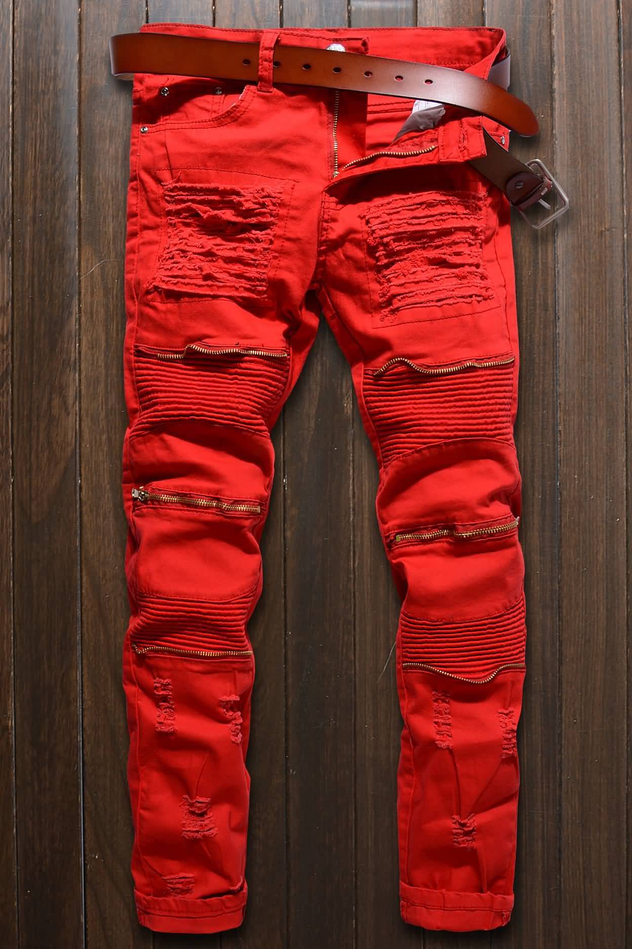 Men Red Zipper Decor Ruched Casual Slim Jeans