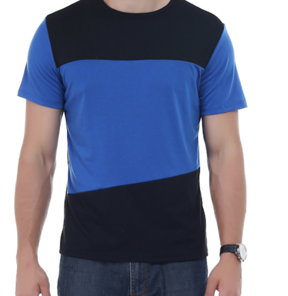 Men T-Shirt Simple splicing Tee Tops Blue L