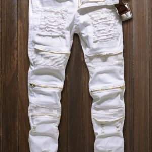 Men White Zipper Decor Ruched Casual Slim Jeans