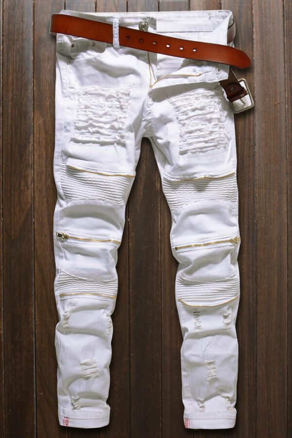 Men White Zipper Decor Ruched Casual Slim Jeans