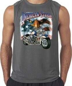 Mens Biker Shirt American Steel Sleeveless Tee T-Shirt