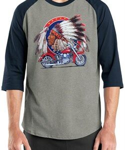 Mens Biker Shirt Big Chief Indian Motorcycle Biker Raglan Tee T-Shirt