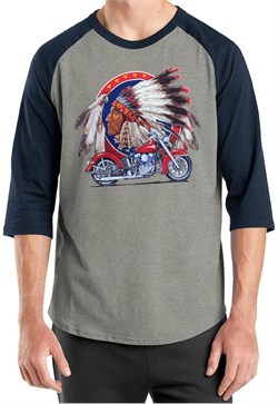 Mens Biker Shirt Big Chief Indian Motorcycle Biker Raglan Tee T-Shirt