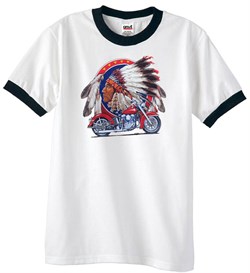 Mens Biker Shirt Big Chief Indian Motorcycle Biker Ringer Tee T-Shirt