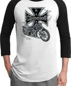 Mens Biker Shirt Chopper Cross Skeleton Raglan Tee T-Shirt