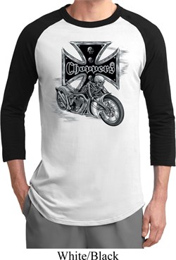 Mens Biker Shirt Chopper Cross Skeleton Raglan Tee T-Shirt