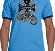 Mens Biker Shirt Chopper Cross Skeleton Ringer Tee T-Shirt
