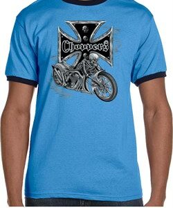 Mens Biker Shirt Chopper Cross Skeleton Ringer Tee T-Shirt