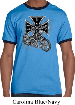 Mens Biker Shirt Chopper Cross Skeleton Ringer Tee T-Shirt