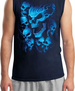 Mens Biker Shirt Screaming Blue Skulls Muscle Tee T-Shirt