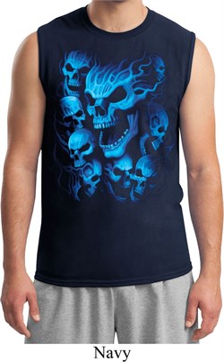 Mens Biker Shirt Screaming Blue Skulls Muscle Tee T-Shirt