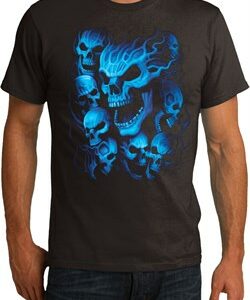 Mens Biker Shirt Screaming Blue Skulls Organic Tee T-Shirt