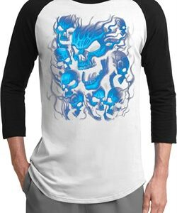 Mens Biker Shirt Screaming Blue Skulls Raglan Tee T-Shirt