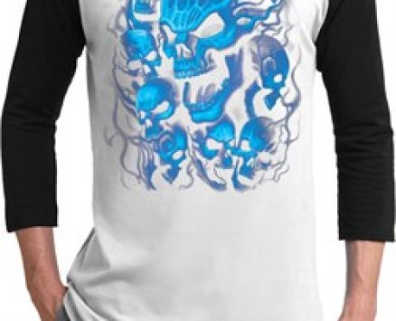 Mens Biker Shirt Screaming Blue Skulls Raglan Tee T-Shirt