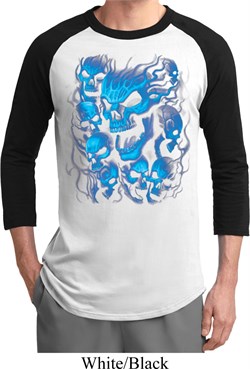 Mens Biker Shirt Screaming Blue Skulls Raglan Tee T-Shirt