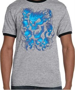 Mens Biker Shirt Screaming Blue Skulls Ringer Tee T-Shirt