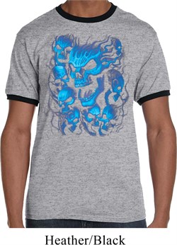 Mens Biker Shirt Screaming Blue Skulls Ringer Tee T-Shirt