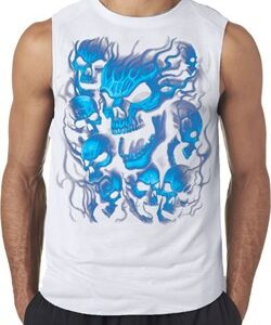 Mens Biker Shirt Screaming Blue Skulls Sleeveless Tee T-Shirt